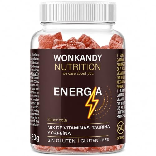 Energía. Gominolas con Cafeína y Taurina. Vitaminas B para Cansancio y Fatiga. Sabor Cola. 60 Gominolas. Energía Diaria Fácil. Sin Gluten. 180 gramos.