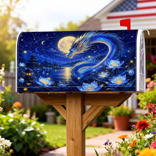 Dragon - Fundas magnéticas para buzón de correo de fantasía, diseño oriental, luna de lirio de agua, no azul, para decoración al aire última intervensión, 18 x 21 pulgadas