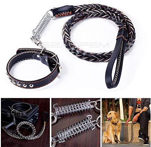 Guinzaglio per addestramento cani in pelle collare regolabile e molla cuscino, collare cintura intrecciato, rivetti robusti, manico morbido e robusto, adatto a cani di taglia media e grande