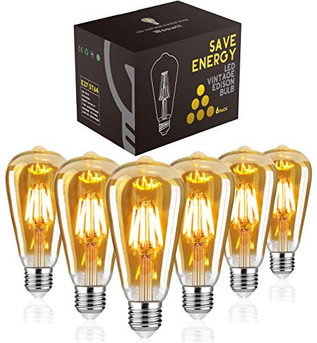 Woowtt LED Edison Bulb, Vintage Light Bulb, Dimmable 6W E27 LED Bulbs, Led Filament Bulb, Antique Style Retro Amber Glass Screw Lamp, ST64, 2200K, 600LM, 6W - 6 Pack