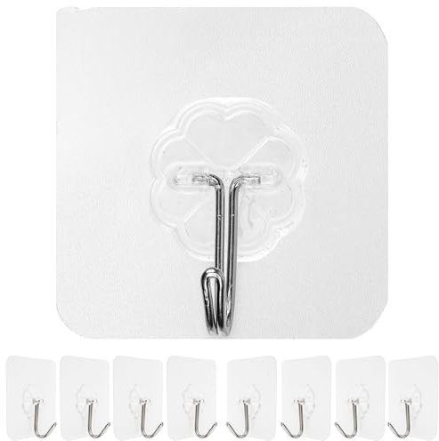 Ganchos Adhesivos, 8 piezas, 60 x 60 mm, en Transparente, Gancho multiusos para adherirse a puertas y paredes en baño, Cocina, Garaje, Toallero autoadhesivo, gancho pared, gancho autoadhesivo toalla