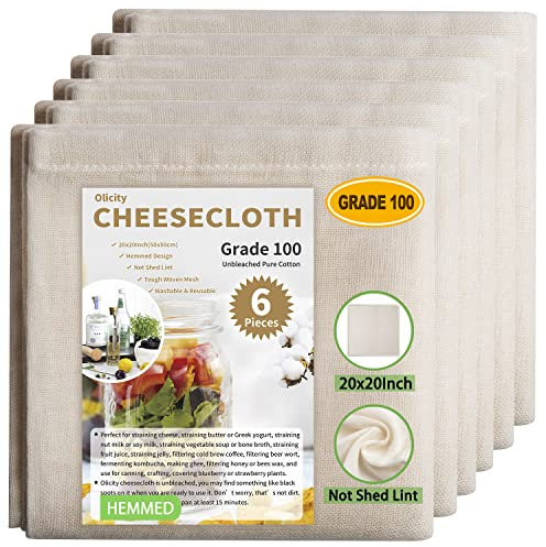 Olicity Cheesecloth, panno per formaggio con orlo, grado 100, 50,8 x 50,8 cm, riutilizzabili, 100% non sbiancati, per cucinare, fare il formaggio, 6 pezzi