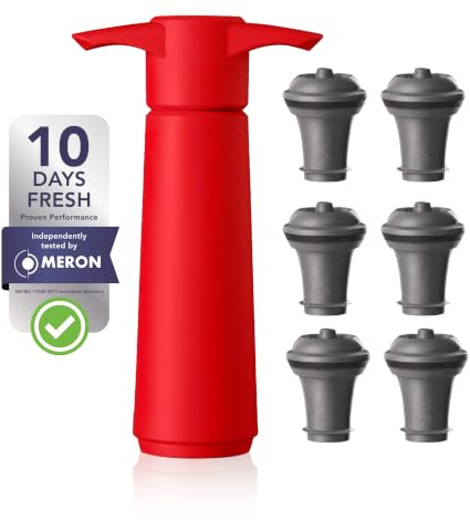 Vacu Vin Red Pump with Wine Saver stoppers - Keeps wine fresh for up to 10 days (Red 6 Stoppers)