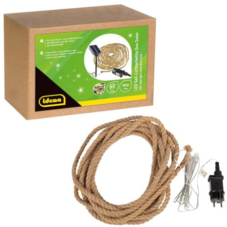 Idena 30520 - Corda di luci a LED con 100 LED in bianco caldo, per uso esterno e interno, lunga circa 9 m, con adattatore solare o di rete, funzione timer di 8 ore, decorazione per casa e giardino