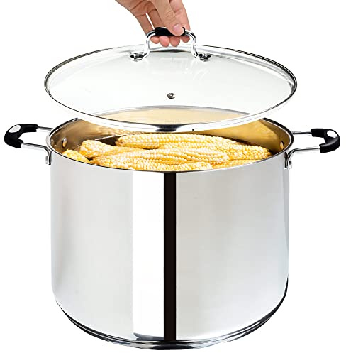 Millvado Stock Pot, Large Stainless Steel 20 Quart StockPot, Large Cooking Pot, Clear Glass Lid and Measurement Markings, Steam Hole, Induction, Gas, Electric Compatible Big Boiling Pot