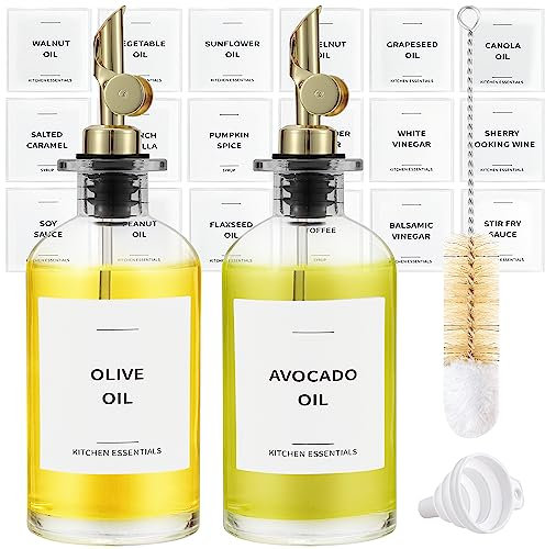 Spaceneat Ölflasche mit Ausgießer, Essig- & Ölspender Glas, Olivenöl Flasche mit Ausgießer, Essig und Ölflaschen Set, Ölflaschen zum Befüllen, Olive Oil Dispenser, Oil Bottle, 2er-Set, Gold