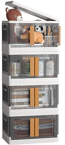 NETEL 4x 32L Impilabili Scatole Portaoggetti con Coperchio e Bloccabile Porta, Pieghevole Contenitori Plastica con Ruote e Maniglie, Grande Organizer Salvaspazio per Cucina,Soggiorno e Camera da Letto