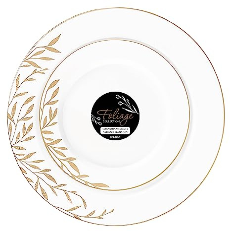 PLASTICPRO 32 Pack Elegant Disposable Plastic Plates Combo Set Includes 16 Dinner Plate and 16 Salad Plate Heavy Duty Fancy Party White & Gold Flower Design