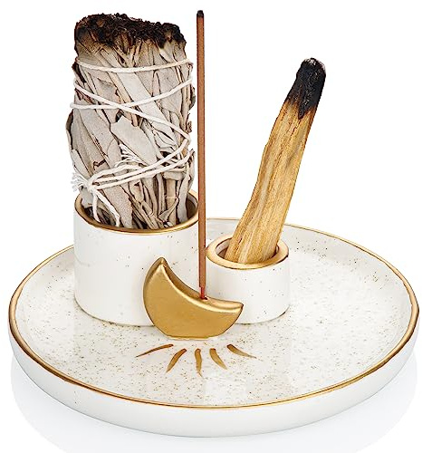 ZenBless Multifunction Incense and Candle Holder for Burning Sage, Palo Santo, Incense Sticks - 5.9 Ceramic Ash Catcher Tray for Meditation Room Home Decor Spritual Gifts (Gold)
