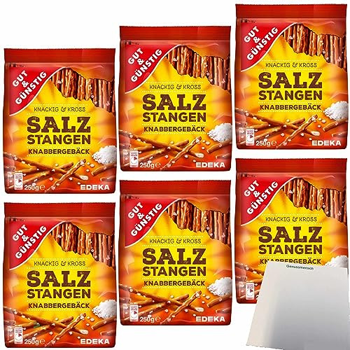 Gut&Günstig Salzstangen Knabbergebäck Knackig & Cross mit Meersalz 6er Pack (6x250g Packung) + usy Block