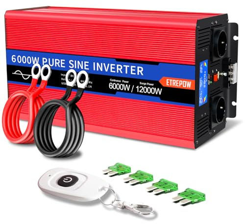 ETREPOW 6000W Convertisseur 24v 220v/230v Pur Sinus Onduleurs Transformateur -2 Prise EU de Courant Alternatif,1 Port USB,télécommande sans Fil et écran LCD, pour Camions, Camping, Voyage