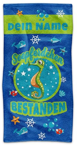 Print Royal PR Kinder-Handtuch mit Name personalisiert - Seepferdchen bestanden - Blau, Geschenk für Jungen, Schwimmunterricht, Handtuch Personalisieren | 50 x 100 cm