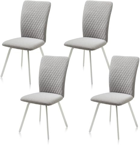 KHG Esszimmerstühle 4er Set, Polsterstuhl Hellgrau Webstoff gesteppt, Stuhlbeine Metall weiß pulverbeschichtet, Küchenstuhl, Essstuhl für Esszimmer Küche Büro
