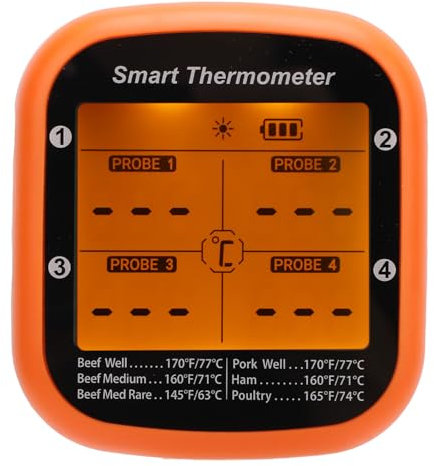 Kabelloses Fleischthermometer mit 4 Fleischsonden, Intelligente Bluetooth App, Fernsteuerung mit Großer Reichweite, Digitales LCD Grillthermometer mit Hintergrundbeleuchtung für