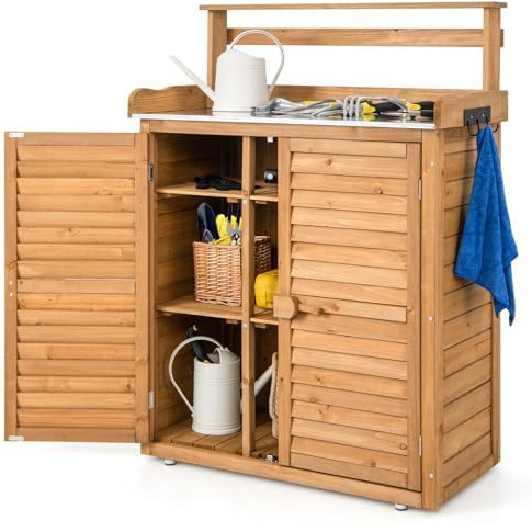 FANTASK Blumentisch Outdoor wetterfest, Gärtnertisch Holz, Pflanztisch mit Unterschrank & verzinkter Arbeitsplatte & abnehmbaren Regalen, Gärtnertisch für Garten Terrasse Hof, 87x45x120cm, Natur