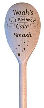 LunaTastic Gifts Personalised Name Date Cake Smash Wooden Spoon Gift - Engraved 1st Birthday Celebration Photo Prop - Memory Keepsake Present for Baby Boy Girl - 30cm Long - Banner