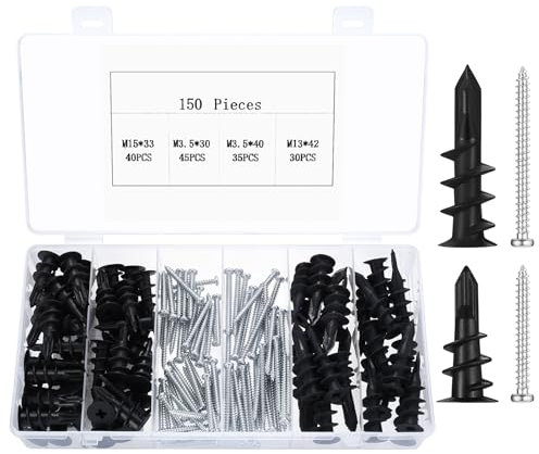150 Pcs Self Drilling Plasterboard Fixings Heavy Duty, Raw Plugs and Screws for Plasterboard Wall Plugs and Screws, Nylon Drywall Hollow Cavity Wall Fixings Anchors Screws and Drywall Anchors, Black