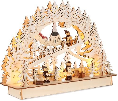 Brubaker Arco di Candele 3D - Corsa in Slitta nella Foresta - Luci di Natale LED in Legno Naturale - 22 x 32 x 9 cm - Decorazione Natalizia Dipinta a Mano per Tavolo e Davanzale