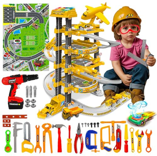 Xwin Sportseries 116 Pcs Yellow Multi Level Parking Garage with Construction Tools Pretend Playset Tools & Accessories Set for Boys and Girls Birthday Christmas Newyear