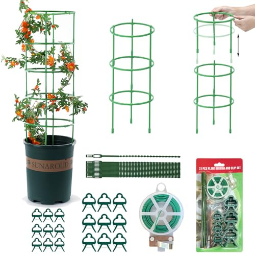 Snowtain Tomaten Rankhilfe, 24 Teile + 31 PflanzenclipsSet für Kletterpflanzen, Höhenverstellbares Tomaten Rankgitter für Garten, Balkon, Gemüse, Blumen – Modulares Pflanzstütze System