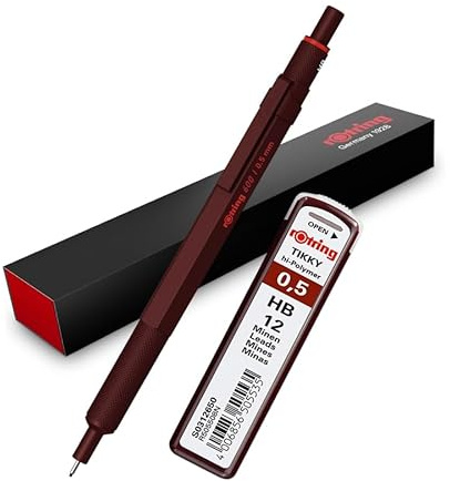 rOtring 600 Druckbleistift, HB-Mine, 0,5 mm, Ganzmetall-Körper-Bleistift, Schokoladen-Trüffel, Set mit extra 0,5 mm Minen