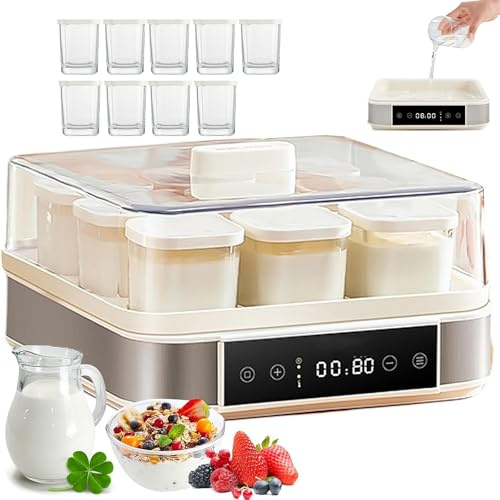 40W Multi Yoghurt MakerElectric Yogurt Maker with 9PCS Glass Jars，LCD Smart Touch Screen360° VisualAdjustable Tempe & Time Control Fermentation Machine for Yoghurt Dough Natto Rice Wine