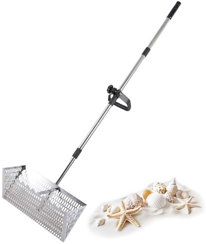 Tamis Sable,Râteau de Puce de Sable,Tamis à Sables de Plage en Acier Inoxydable avec 140cm Poignée et Panie,Passoire à Sables Amovible pour Pêche aux Appâts,Nettoyage Plage et Jeux Enfants (Argent)
