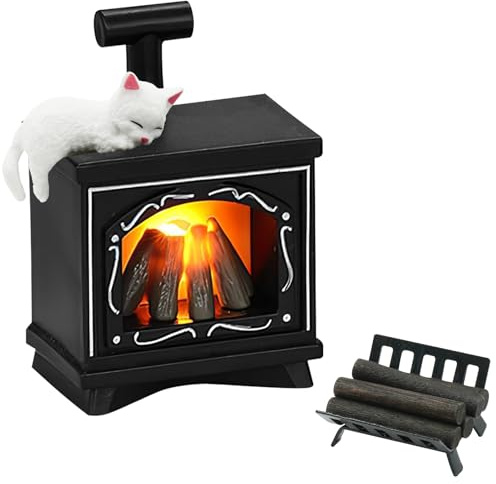 Accessoires de Noël pour lutins,Cheminée Miniature,Mini Feu de Camp LED et Chat,1/12 Accessoires Maison de Poupee Accessoire,Accessoires Miniature Noel,DéCoration De NoëL