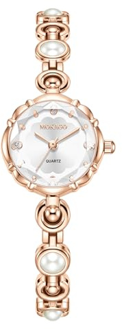 Watches for Women Rose Gold Ladies Analog Quartz Wristwatch Elegant Bracelet Set Pearl Bangles Dress Watch (White)