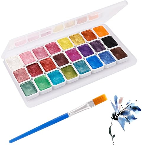 Nurila 24 Farben Metallic Aquarellfarben Set, Farben Wasserfarbkasten, Wasserfarben mit Wassertankpinsel, Aquarell Watercolor Set für Anfänger, Professionelle Maler, Malpraxis, Reisemalerei