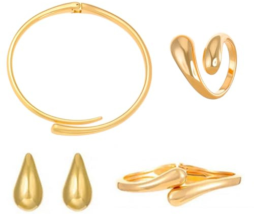 Juegos de Joyas Mujer 14K Chapado en Oro Grueso Lágrima Collar Pendientes Pulsera y Anillo Gota de Agua Conjuntos de Joyas Ajustable Moda Joyería Regalos para Señoras para Ocasiones Especiales