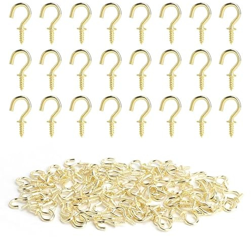 KQDRAVINE 100 Stück Schraubhaken Klein mit Box Golden 1/2 Zoll Hakenschrauben Set Mini Haken Decke Baumhaken Gold Einschraubhaken Becherhaken für Hängende Garten Pflanzen Kunst Küchen Büros