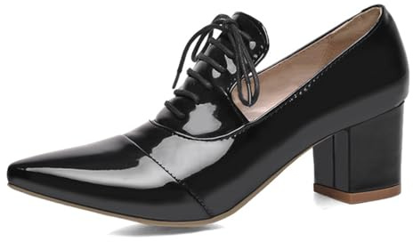 Décolleté con Lacci, Punta a Punta, Tacco Blocco, Vernice, per Affari e Occasioni Speciali, Tacco Medio, Stile Oxford, Scarpe da Sera comode,Nero,37 EU