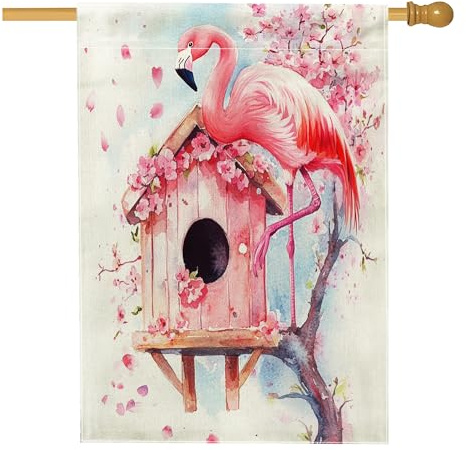 Frühlings-Flamingo-Vogelhaus-Flaggen, 71,1 x 101,6 cm, doppelseitig, Blumenblumen, Vogelhaus, Standard-Sackleinen, Heimflaggen, Tier-Hinterhof-Flaggen, Outdoor-Dekoration