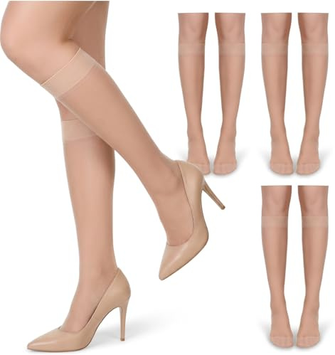 Thrymme 3 Pairs Knee High Tights, Sheer Nylon Glossy Stockings for Women (Skin Tone, 44 x 8 cm)
