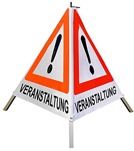 Warnpyramide/Faltsignal - VERANSTALTUNG - VZ101-Ausrufezeichen (1 - tagesleuchtend weiß, 70 cm leicht mit Mittelfuß)
