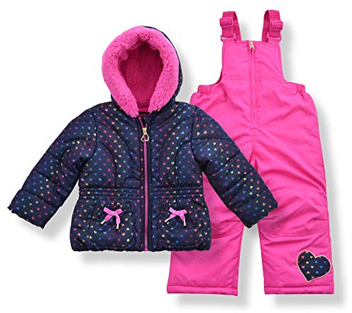 Arctic Quest Little Girls Bib Snow Pants and Ski Jacket Water-Resistant Snowsuit For Kids Winter Jacket For Girls Hooded, Navy/Pink, 2T