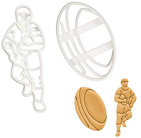 Set of 2 Rugby themed cookie cutters (Designs: Player and Ball), 2 pieces - Bakerlogy