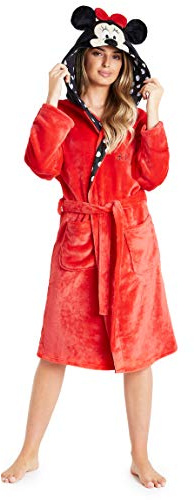 Disney Minnie Mouse Bademantel Damen, Morgenmantel Damen mit 3D Kapuze, Kuschelig Fleece Bademantel mit Taschen und Gürtel, Geschenke für Frauen (Rot, M)