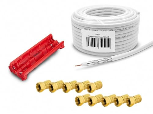 ARLI 50m Koaxialkabel max. 135 dB 5-fach geschirmt + Abisoliermesser + 10x F-Stecker vergoldet Sat Antennenkabel Werkzeug Set 75 Ohm Kabel DVB-S2 DVB-T2 DVB-C2 Weiß HD TV 4K