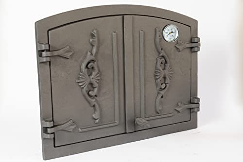 Sezam, Puerta de horno de hierro fundido, puerta de horno de pizza de doble puerta con termómetro de 500 C, 55,5 x 41 cm, horno de pan, cocina de jardín y cámara de ahumado, color grafito