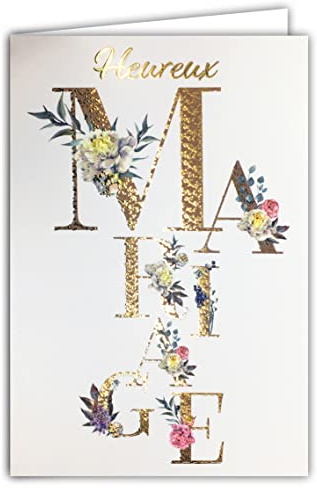 63-1151 Carte Heureux Mariage - Félicitations en Or Doré Brillant Scintillant - Enveloppe Incluse - Bohême Chic Fleurs séchées Eucalyptus Roses Pivoines - Fabriquée en France