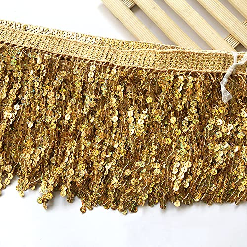 Duories 5 Yard 16cm Pailletten Fransen Quaste Fransenborte Fransenband Schnittfranse Dekoband Zierband Dekoborte Tanzfransen Nähzubehör für DIY Basteln Apparel Kleidung,Kostüme,Nähen,Dekoration,Gold