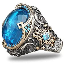 Aquamarine Gemstone 925 Men Silver Ring with Turquoise Stones, Handmade Mens Silver Ring,Turkish Man Silver Ring, Sterling Silver Ring for Men, Gift for Him, Boyfriend Gift