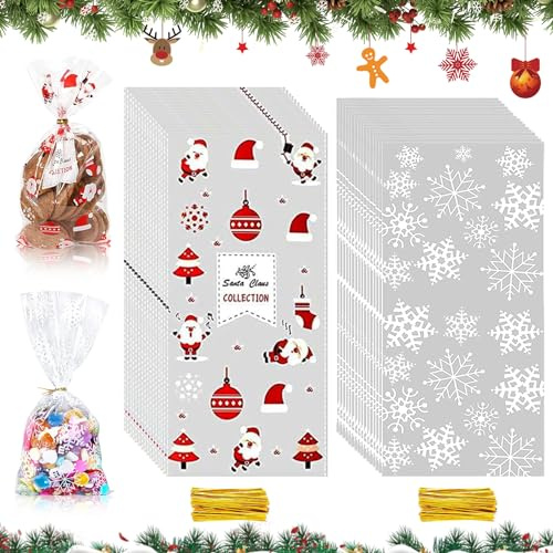 100 Stück Cellophantüten, Weihnachten Süßigkeiten Tüten, Plätzchentüten, Kekse Goody Taschen mit 100 Stück Twist Krawatten, Tütchen Zum Befüllen, Zellophantüten Klein für Plätzchen Kekse Pralinen