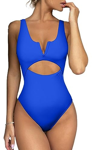 Meyeeka Einteiliger Damen-Badeanzug, Bauchkontrolle, Badesachen Badebekleidung für Damen, Push-Up-Bademode, V-Ausschnitt, hoher Schnitt, Monokini, Blau, XL