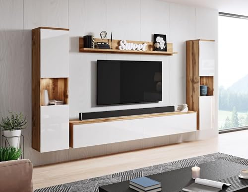 MINIO go for it - Wohnwand Parma 4-Teilig Set Hängend oder Stehend | 2x Highboard, Lowboard, Wandboard, Laminierte Spannplatte, Farbe: Wotan Eiche / Weiß Hochglanz