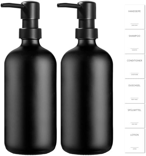 GMISUN Seifenspender schwarz, 500 ml Spülmittelspender für Küche und Bad, 2 Stück Pumpspender Glas mit schwarz matt Pumpe und Etiketten, modern Handseifenspender, Flüssigseifenspender, Soap Dispenser