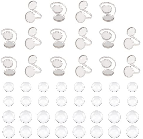 UNICRAFTALE 16 Sets DIY Manschettenring Set Größe 7 3/4 Offener Manschettenring Lünette Tablett 304 Edelstahl Fingerring Doppeltablett Cabochon Ringbasen Mit Glascabochons Für Die Ringherstellung