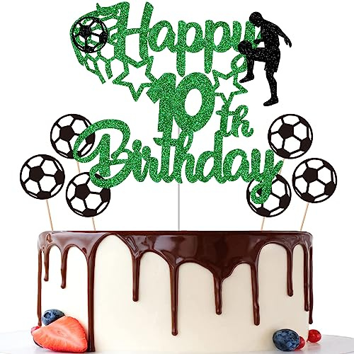 Gidobo 10th Birthday Cake Toppers, Green Glittery Cake Decorations with Football Theme, Ten Years Old Soccer Birthday Party Supplies for Boys